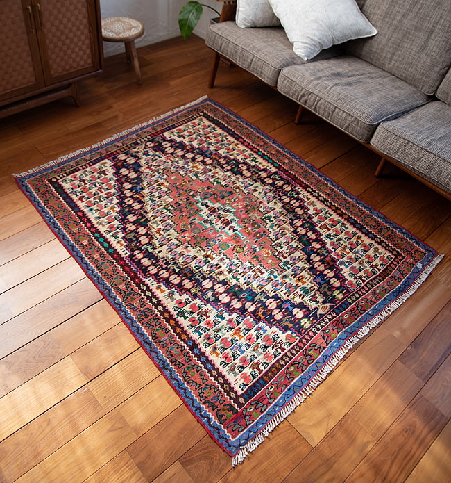 【一点物】バルーチ カル・ムハマディ族 遊牧民による草木染め手織りトライバルキリム スリット織り - 約147cm x 125cm 3 - 実際に使用する感じで撮影しました