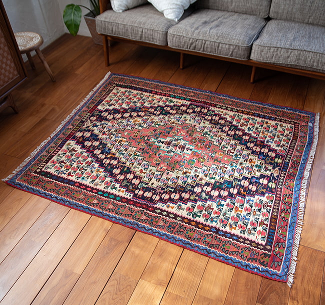 【一点物】バルーチ カル・ムハマディ族 遊牧民による草木染め手織りトライバルキリム スリット織り - 約147cm x 125cmの写真