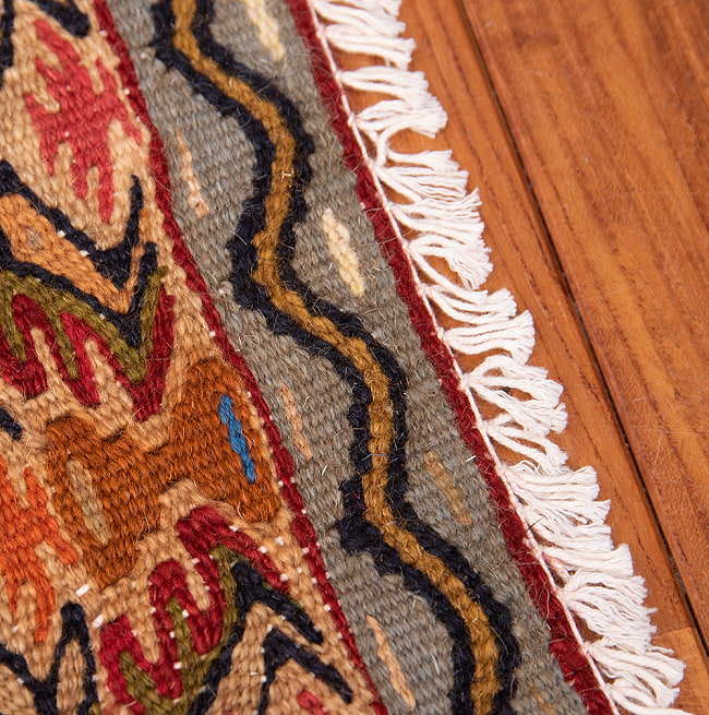 【一点物】バルーチ　カル・ムハマディ族　遊牧民による草木染め手織りトライバルキリム スリット織り - 約105cm x 79cm 8 - フリンジ周辺です