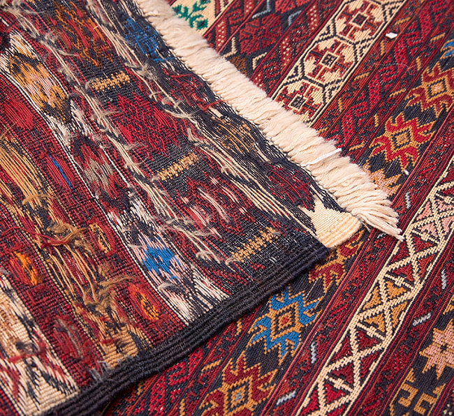 【一点物】バルーチ　カル・ムハマディ族　遊牧民による草木染め手織りトライバルキリム スマック織り スマック織り - 約190cm x 114cm 10 - 裏面はこのような感じになっています