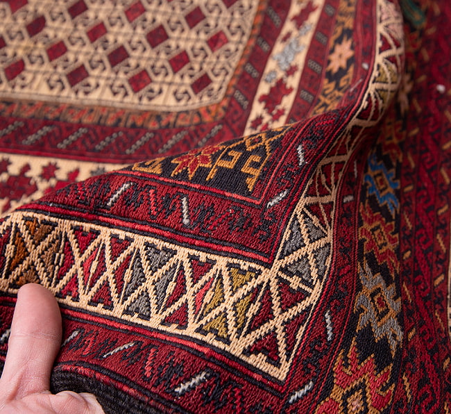 【一点物】バルーチ　カル・ムハマディ族　遊牧民による草木染め手織りトライバルキリム スマック織り スマック織り - 約190cm x 114cm 6 - 柄を拡大してみました