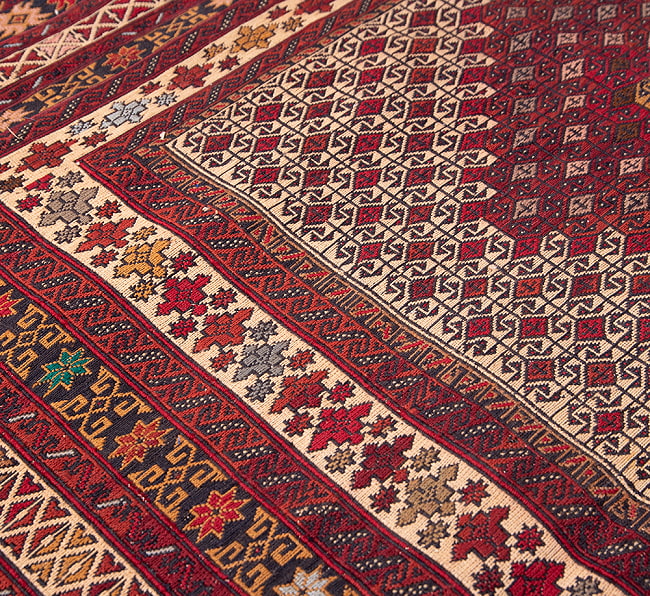 【一点物】バルーチ　カル・ムハマディ族　遊牧民による草木染め手織りトライバルキリム スマック織り スマック織り - 約190cm x 114cm 8 - 柄を拡大してみました