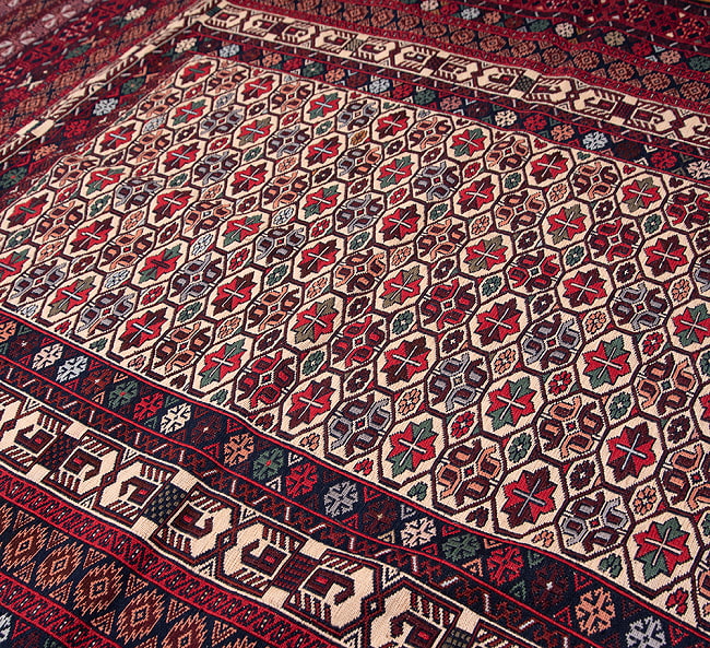 【一点物】バルーチ　カル・ムハマディ族　遊牧民による草木染め手織りトライバルキリム スマック織り - 約198cm x 122cm 10 - 柄をアップにしました