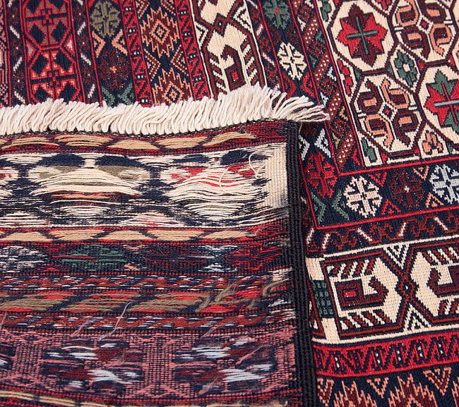 【一点物】バルーチ　カル・ムハマディ族　遊牧民による草木染め手織りトライバルキリム スマック織り - 約198cm x 122cm 14 - 裏面です。手織りなのがわかります