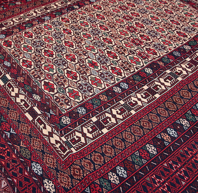 【一点物】バルーチ　カル・ムハマディ族　遊牧民による草木染め手織りトライバルキリム スマック織り - 約198cm x 122cm 15 - 柄をアップにしました