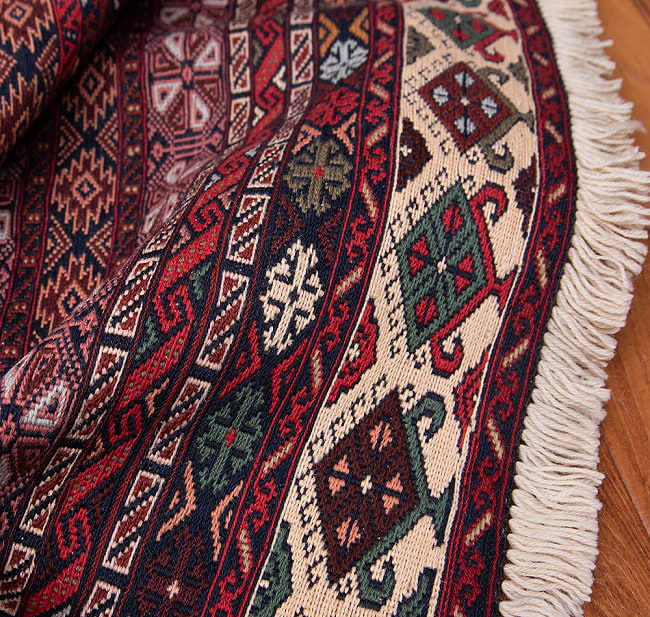 【一点物】バルーチ　カル・ムハマディ族　遊牧民による草木染め手織りトライバルキリム スマック織り - 約198cm x 122cm 7 - フリンジ周辺を拡大しました