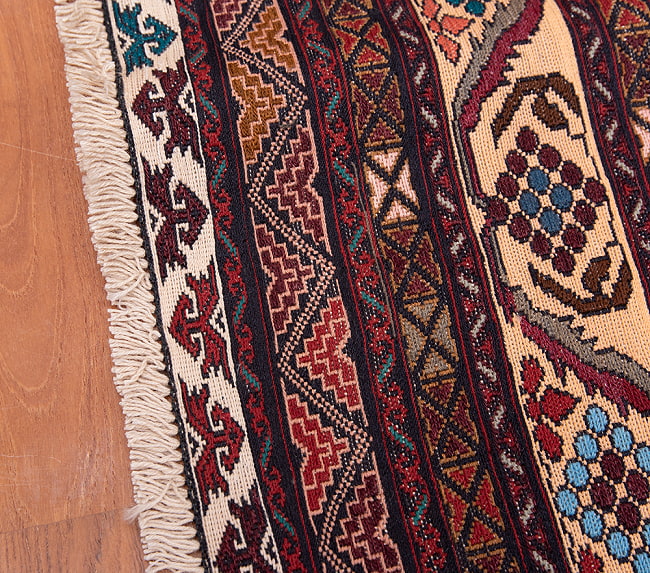 【一点物】バルーチ　カル・ムハマディ族　遊牧民による草木染め手織りトライバルキリム スマック織り - 約185cm x 122cm 11 - フリンジ周辺を拡大しました