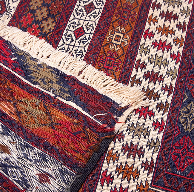 【一点物】バルーチ　カル・ムハマディ族　遊牧民による草木染め手織りトライバルキリム スマック織り - 約188cm x 120cm 13 - 裏面です。手織りなのがわかります