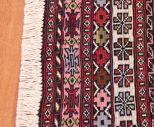 【一点物】バルーチ　カル・ムハマディ族　遊牧民による草木染め手織りトライバルキリム スマック織り - 約190cm x 120cm 11 - フリンジ周辺を拡大しました