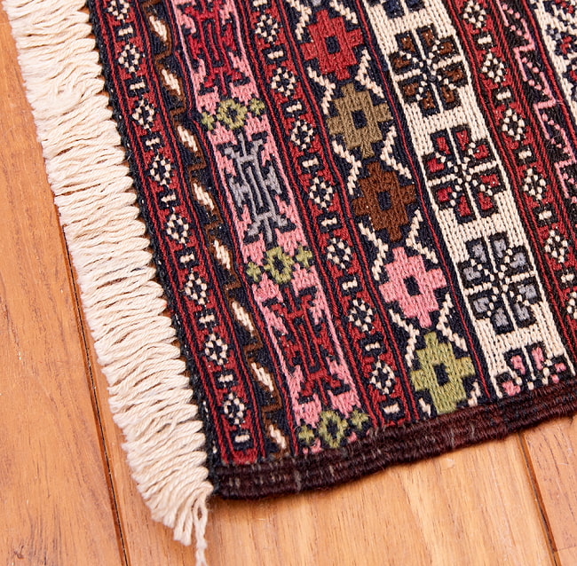 【一点物】バルーチ　カル・ムハマディ族　遊牧民による草木染め手織りトライバルキリム スマック織り - 約190cm x 120cm 12 - フリンジ周辺を拡大しました
