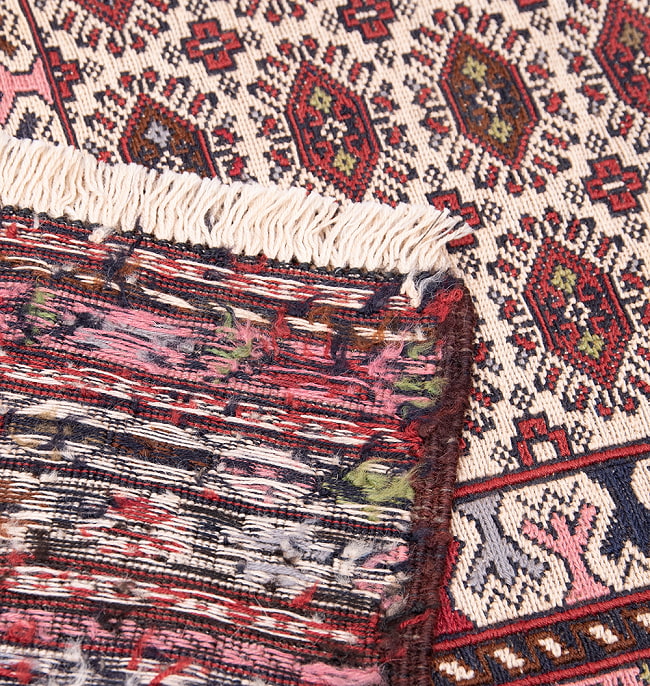 【一点物】バルーチ　カル・ムハマディ族　遊牧民による草木染め手織りトライバルキリム スマック織り - 約190cm x 120cm 13 - 裏面です。手織りなのがわかります