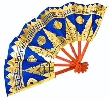 バリの金ピカ扇子 - 青・オレンジの商品写真