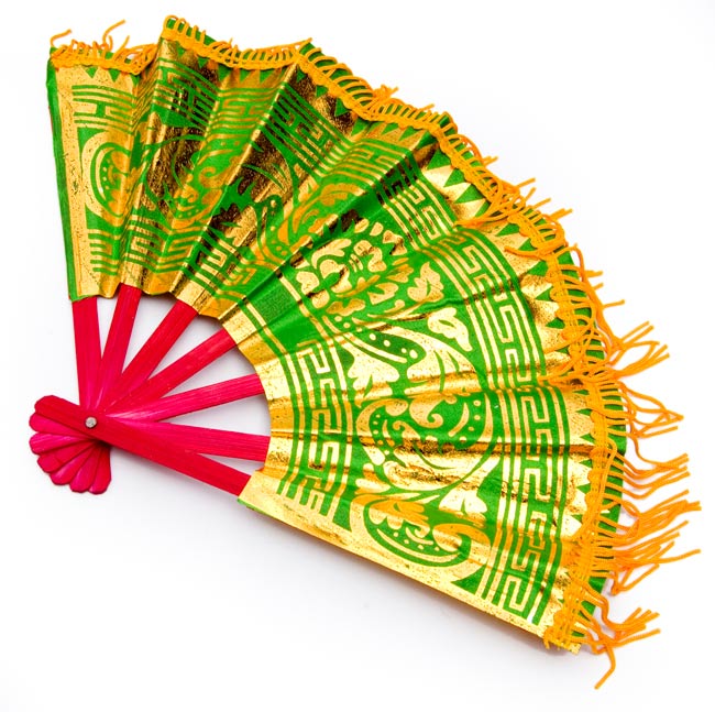 バリの金ピカ扇子飾りつき - 緑・赤 2 - 裏面です