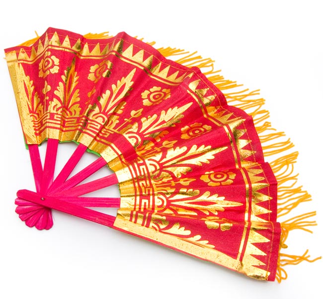 バリの金ピカ扇子飾りつき - 緑・赤の写真