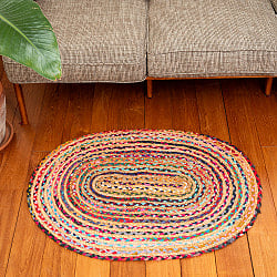 コットンとジュートのカラフル手編みラグ　オーバルタイプ【90×60cm】 - サブ2