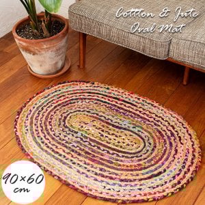 コットンとジュートのカラフル手編みラグ　オーバルタイプ【90×60cm】(IND-JYU-101)