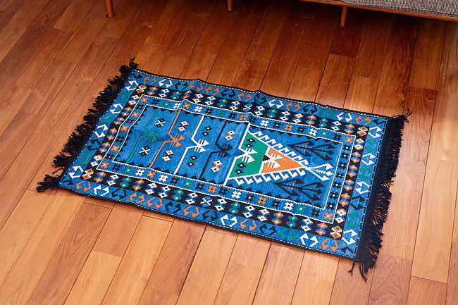 【全3色】トルコの伝統的な柄を織り込んだ キリム 【70cm×1150cm】 10 - 3:青
