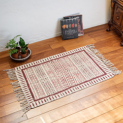 インド綿 長方形ラグ フロアマット ブロックプリントとインディゴ染め【約92cm x 62cm】 - サブ3