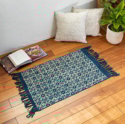 インド綿 長方形ラグ フロアマット ブロックプリントとインディゴ染め【約92cm x 62cm】 - サブ4