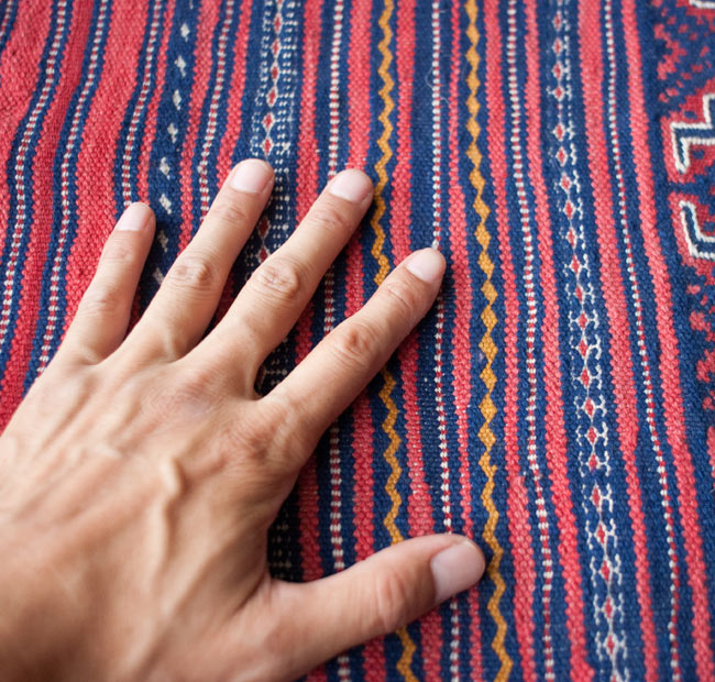 【1点物】ザンスカールの遊牧民のキリム【152cm x 92cm】 11 - サイズ比較のために手と一緒に撮影しました