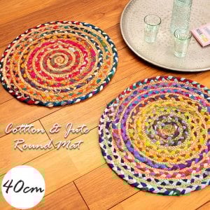 コットンとジュートのカラフル手編みラグ　ラウンドタイプ【直径40cm】(IND-JYU-99)
