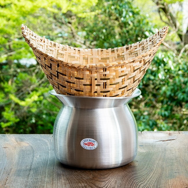 【セット】タイのもち米蒸し器セット 幅40cm程度の写真セット,フアット,もち米蒸しカゴ,竹カゴ,竹製蒸しかご,タイ雑貨,タイ料理,蒸し器,もち米調理,キッチン用品,フワットモーヌン,もち米蒸し鍋,蒸し器下鍋,アルミ鍋,タイキッチン,ラオス雑貨,アジア料理,竹かご蒸し器,エスニック雑貨