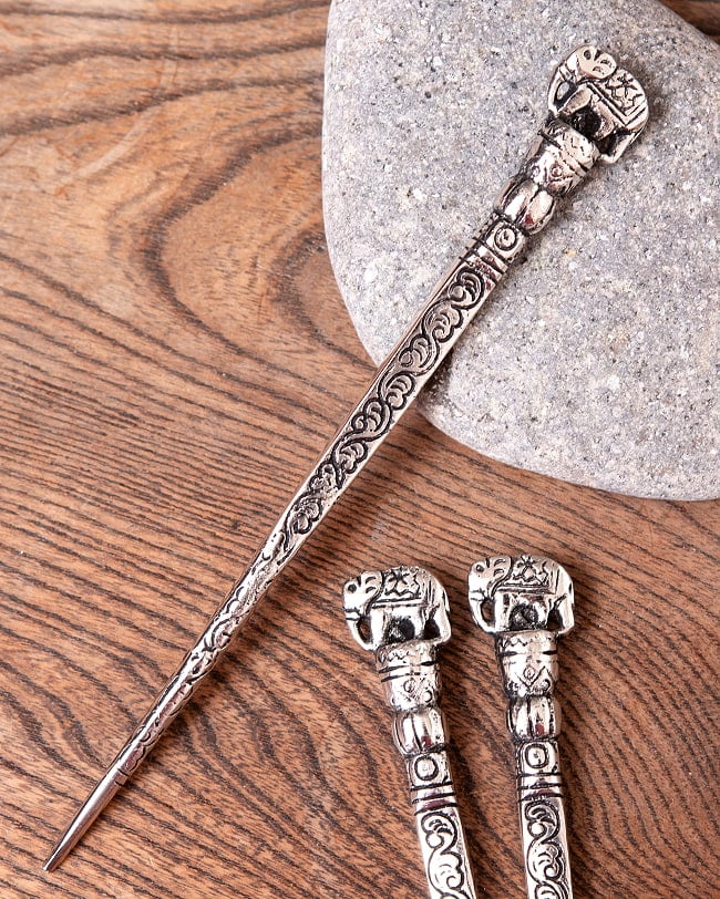 アジアン金属のかんざし　エレファントの写真かんざし,エスニック,髪飾り,金色,銀色,シルバー,ゴールド,アクセサリー,アジア,インド