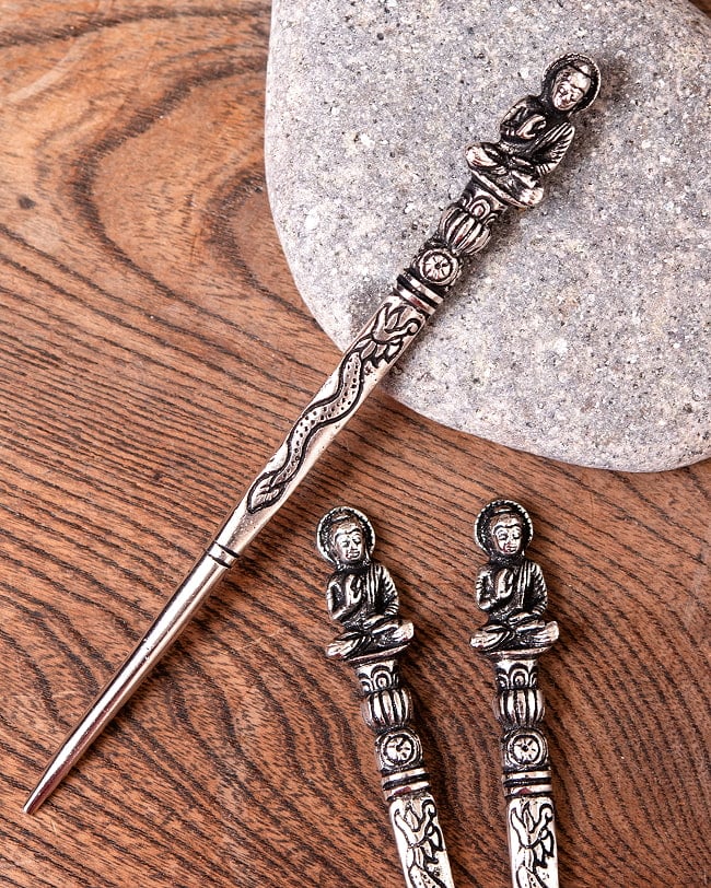 アジアン金属のかんざし　ブッダの写真かんざし,エスニック,髪飾り,金色,銀色,シルバー,ゴールド,アクセサリー,アジア,インド