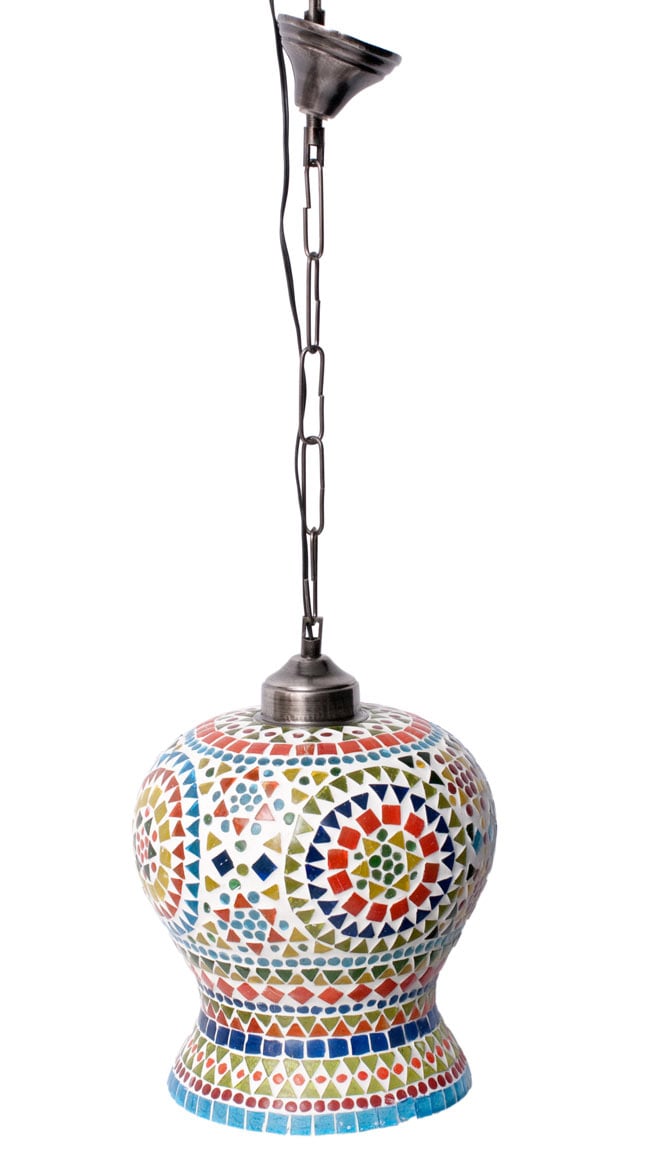 吊り下げモザイクランプ - 壺型(直径:約22cm)の商品写真 6枚目 明るくして全体を見えるようにしました