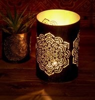 幾何学模様の透かし彫りが美しいマンダラランプ[円筒形 高さ:15cm](ID-LAMP-259)