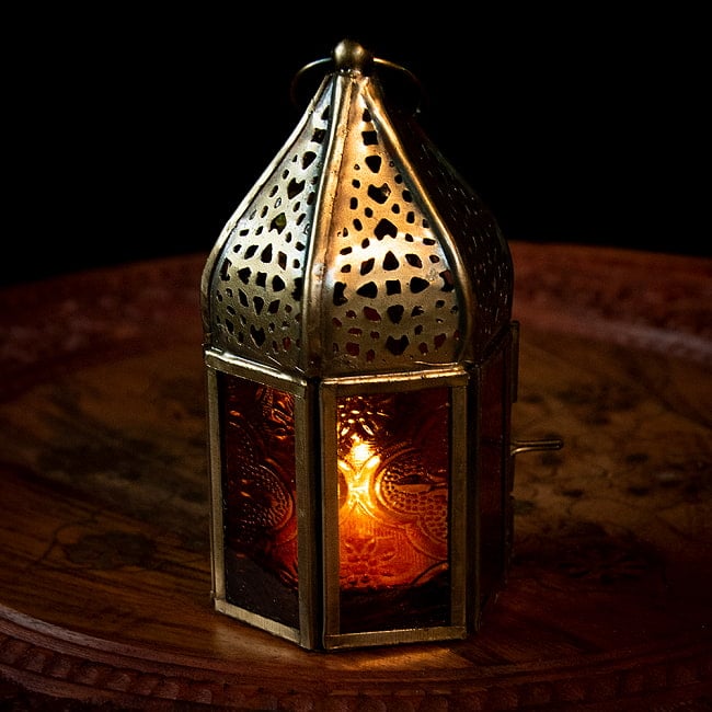 モロッコスタイルの透かし彫りキャンドルランタン〔ロウソク風LEDキャンドル付き〕 - 約12×6cm 10 - デザイン2