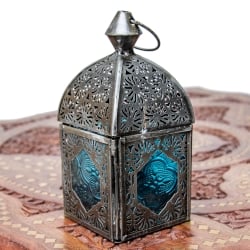 モロッコスタイルの透かし彫りキャンドルランタン〔ロウソク風LEDキャンドル付き〕 - 〔ブルー〕約14.5×6cm - サブ3
