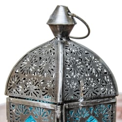 モロッコスタイルの透かし彫りキャンドルランタン〔ロウソク風LEDキャンドル付き〕 - 〔ブルー〕約14.5×6cm - サブ5