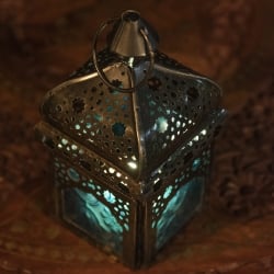 モロッコスタイルの透かし彫りLEDキャンドルランタン〔ロウソク風LEDキャンドル付き〕 - 〔ブルー〕約13.5×6cm - サブ2