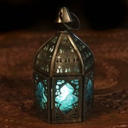 モロッコスタイルの透かし彫りLEDキャンドルランタン〔ロウソク風LEDキャンドル付き〕 - 〔ブルー〕約12.5×6.5cm(ID-LAMP-321)