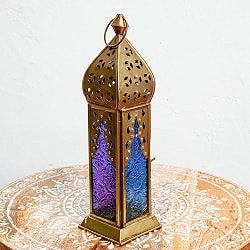 モロッコスタイルの透かし彫りLEDキャンドルランタン〔ロウソク風LEDキャンドル付き〕 - 〔ブルー＆パープル〕約25.5×7cm - サブ3