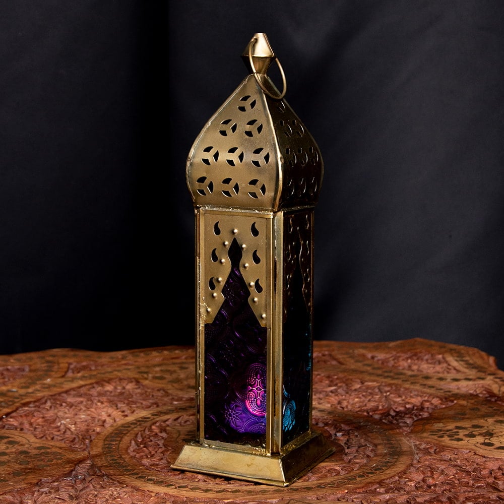 モロッコスタイルの透かし彫りLEDキャンドルランタン〔ロウソク風LEDキャンドル付き〕 〔ブルー＆パープル〕約26×8cm の通販 