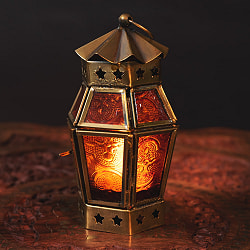 モロッコスタイルの透かし彫りLEDキャンドルランタン【ロウソク風LEDキャンドル付き】 - 〔オレンジ〕約14cm×9cm - サブ2