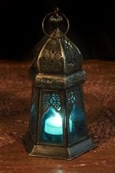 モロッコスタイルの透かし彫りLEDキャンドルランタン〔ロウソク風LEDキャンドル付き〕 - 〔ブルー〕約19×10cm
