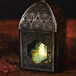 モロッコスタイルの透かし彫りLEDキャンドルランタン【ロウソク風LEDキャンドル付き】 - 〔ブルー〕約14cm×約6.5cm - サブ2