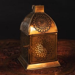 モロッコスタイルの透かし彫りLEDキャンドルランタン【ロウソク風LEDキャンドル付き】〔クリア〕約15.5cm×約8.1cm(ID-LAMP-336)