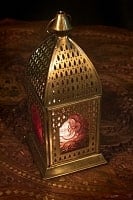 モロッコスタイルの透かし彫りLEDキャンドルランタン〔ロウソク風LEDキャンドル付き〕 - 〔レッド〕約21.5×13cm