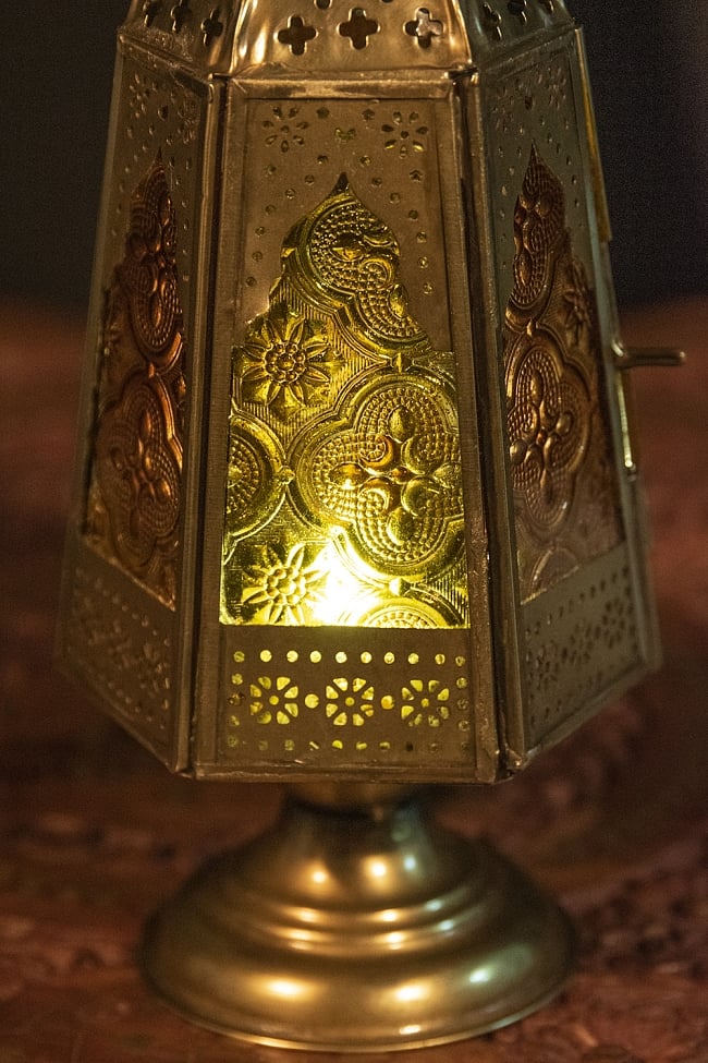 モロッコスタイルの透かし彫りLEDキャンドルランタン〔ロウソク風LEDキャンドル付き〕 - 〔オレンジ〕約23×10cm 2 - 全体写真です