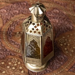 モロッコスタイルの透かし彫りLEDキャンドルランタン〔ロウソク風LEDキャンドル付き〕 - 〔オレンジ〕約21.5cm - サブ4