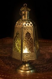 モロッコスタイルの透かし彫りLEDキャンドルランタン〔ロウソク風LEDキャンドル付き〕 - 〔オレンジ〕約21.5cm