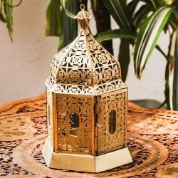 モロッコスタイル キャンドルランタン 吊り下げ/スタンド兼用【ロウソク風LEDキャンドル付き】 高さ:20cm 幅:12.5cm程度