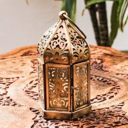 モロッコスタイル キャンドルランタン 吊り下げ/スタンド兼用【ロウソク風LEDキャンドル付き】 高さ:14cm 幅:8cm程度