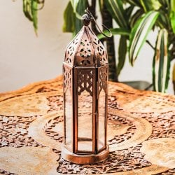 モロッコスタイル キャンドルランタン 吊り下げ/スタンド兼用【ロウソク風LEDキャンドル付き】 高さ:22cm 幅:7cm程度