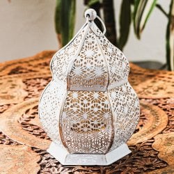 モロッコスタイル キャンドルランタン 吊り下げ/スタンド兼用【ロウソク風LEDキャンドル付き】 高さ:17cm 幅:9cm程度