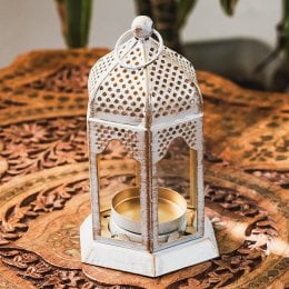 モロッコスタイル　キャンドルランタン 吊り下げ／スタンド兼用【ロウソク風LEDキャンドル付き】 高さ：13.5cm 幅：7cm程度(ID-LAMP-460)